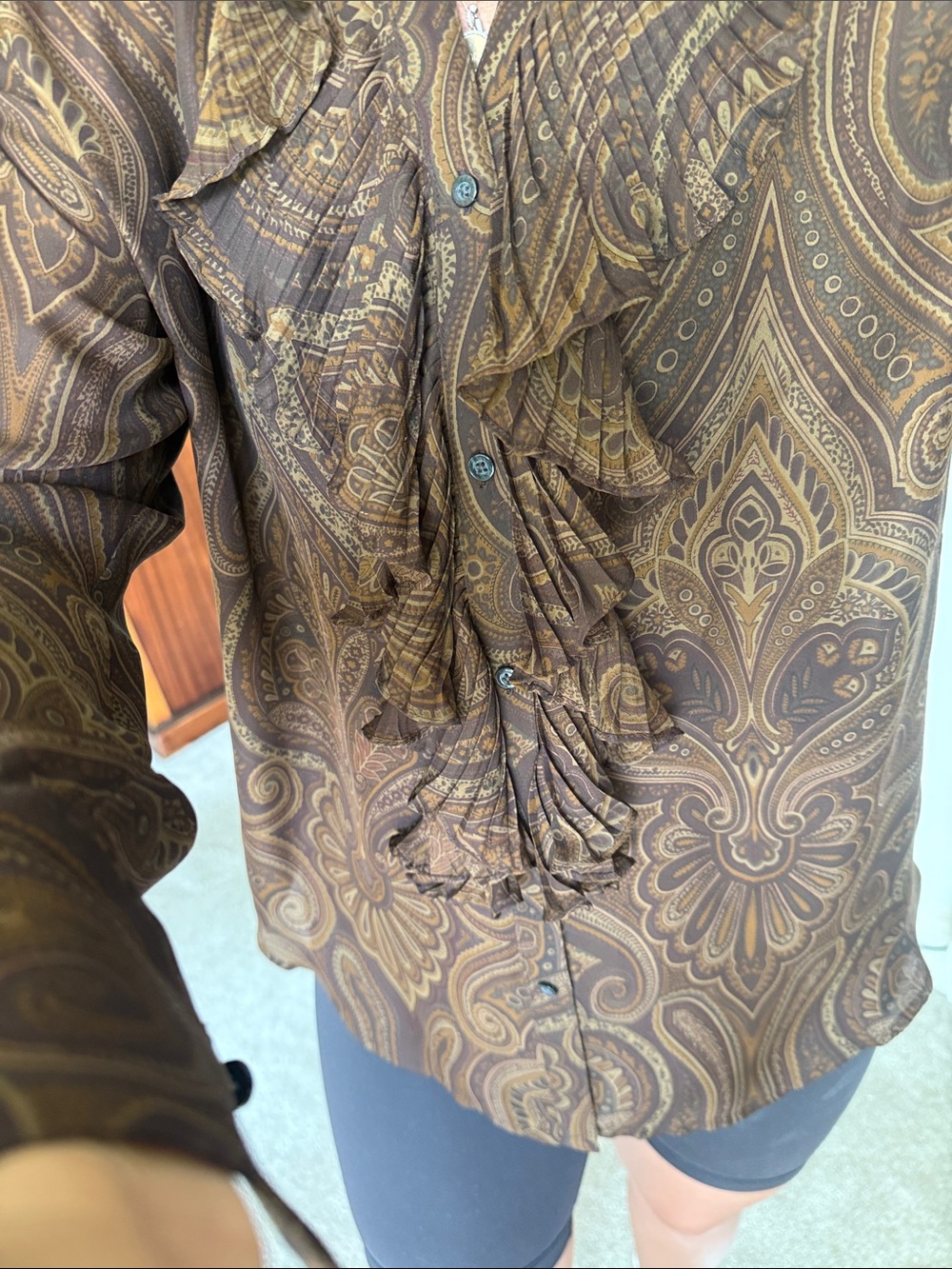 Ralph Lauren 100% silk Ruffled Paisley Long-Sleeve Blouse - Brown size large - Picture 5 of 11